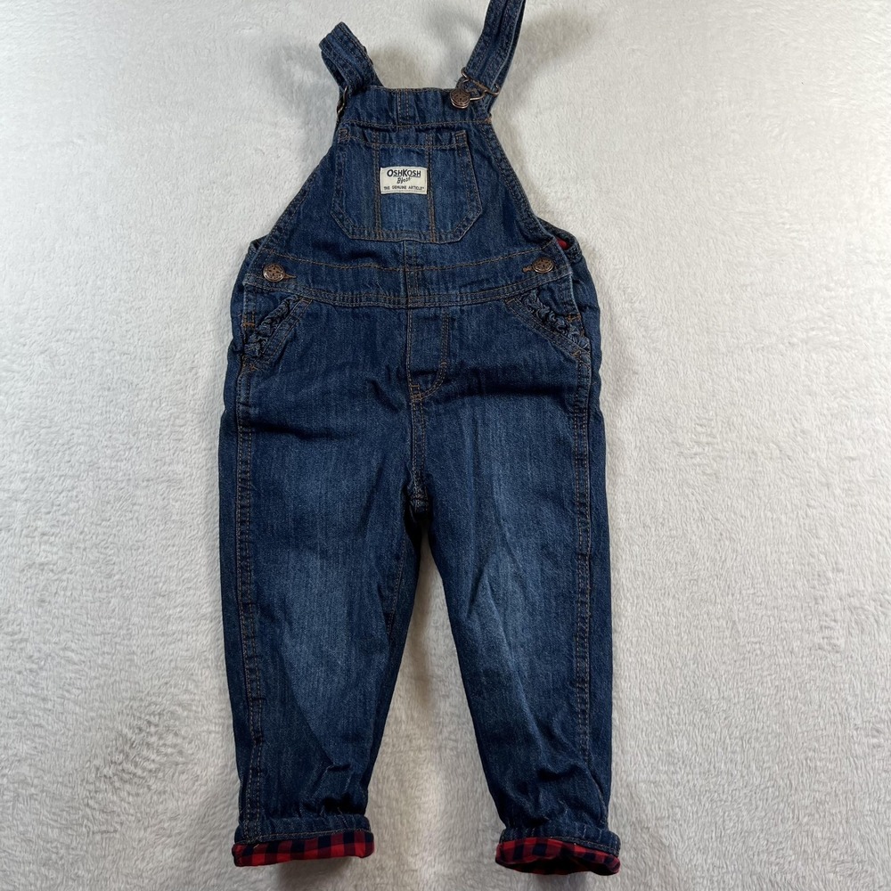 OshKosh B'gosh Overalls Kids 2T Blue Denim Lined Plaid Cuff Adjustable Strap